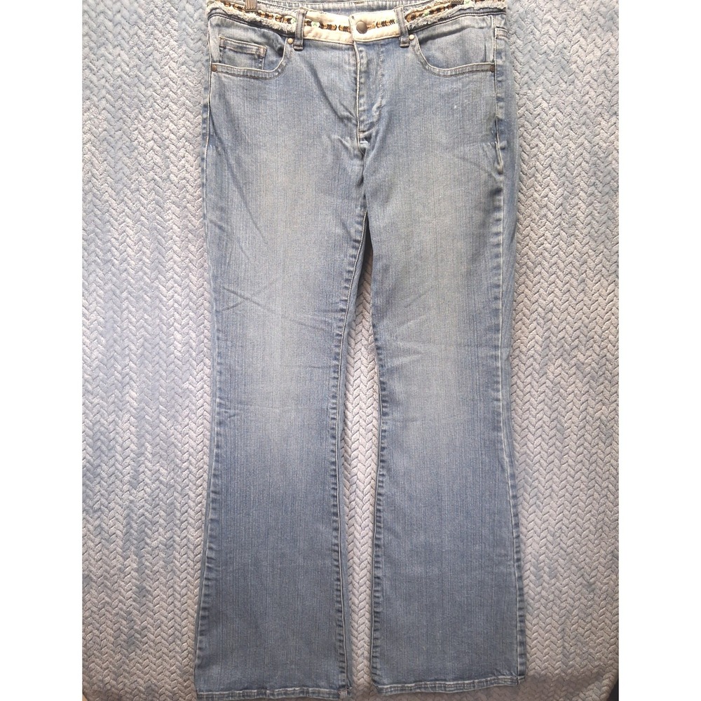 Gianni Bini Light Wash Flare Jeans Embroidered Frayed Waistband Boho Denim